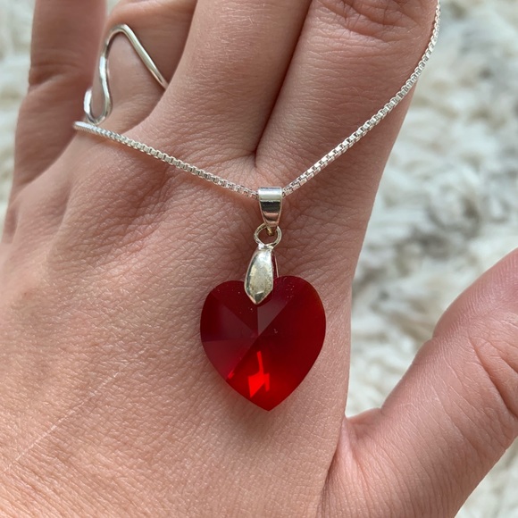 Ruby Red Heart Crystal Sterling Silver Necklace - Picture 4 of 10